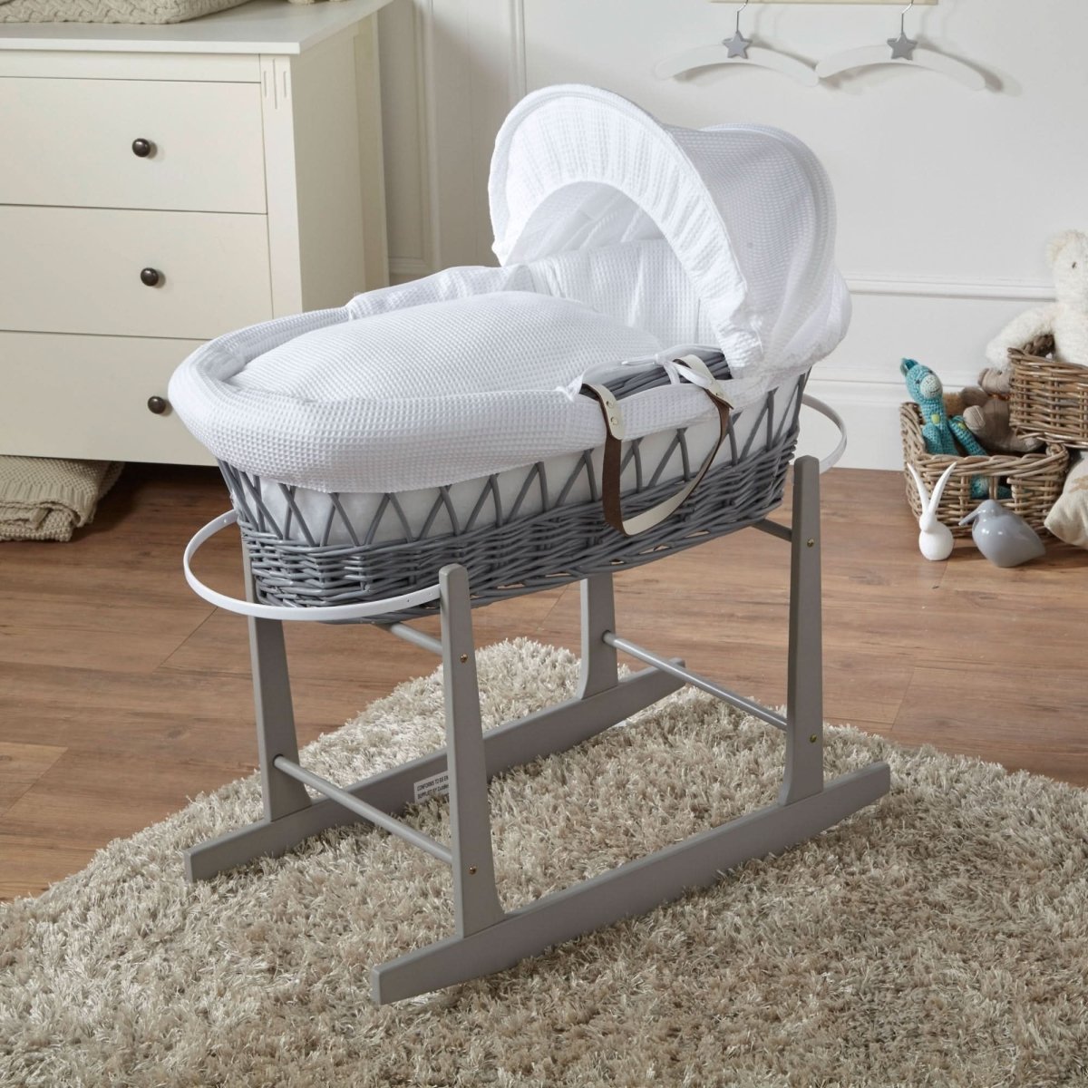 For Your Little One Grey Wicker Moses Basket with Stand - White Waffle