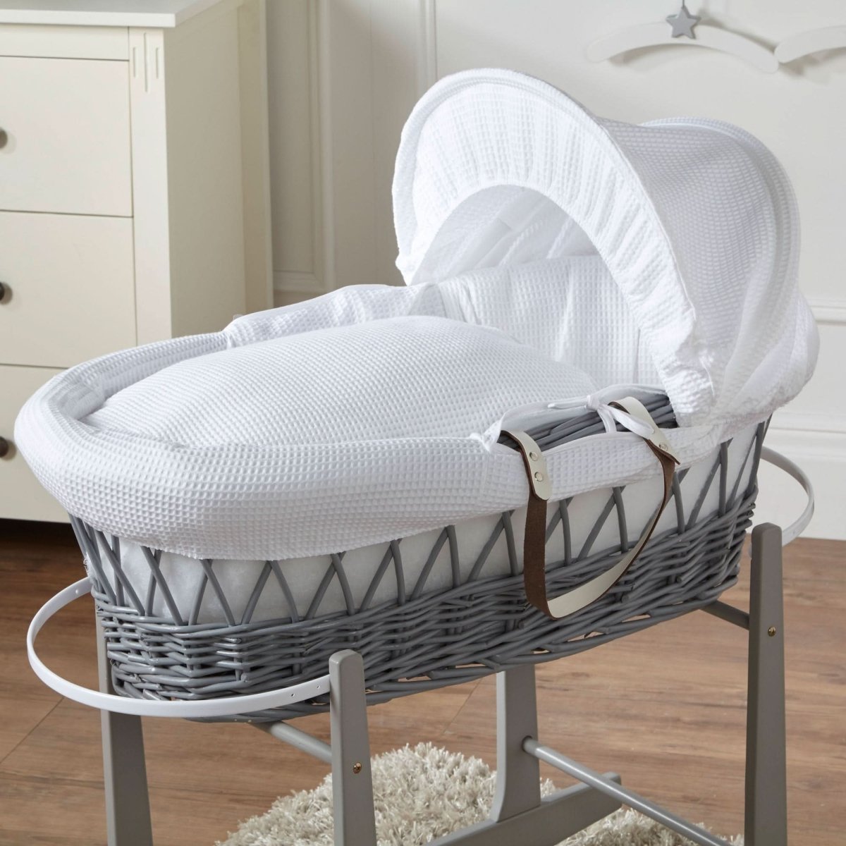For Your Little One Grey Wicker Moses Basket with Stand - White Waffle
