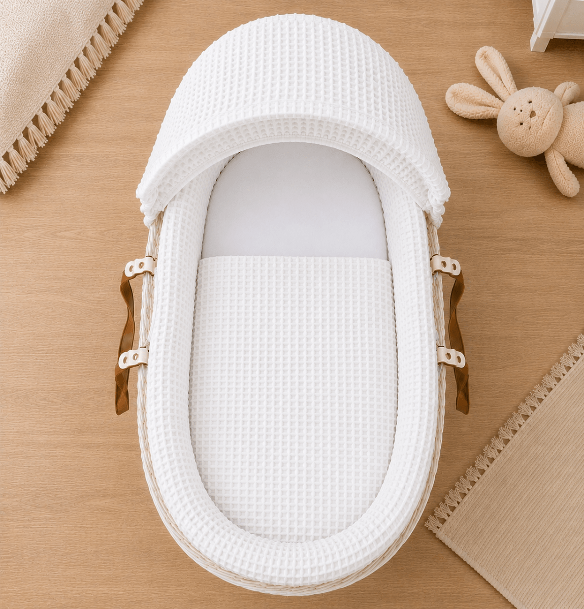 For Your Little One White Waffle Moses Basket Bedding Set with Liner