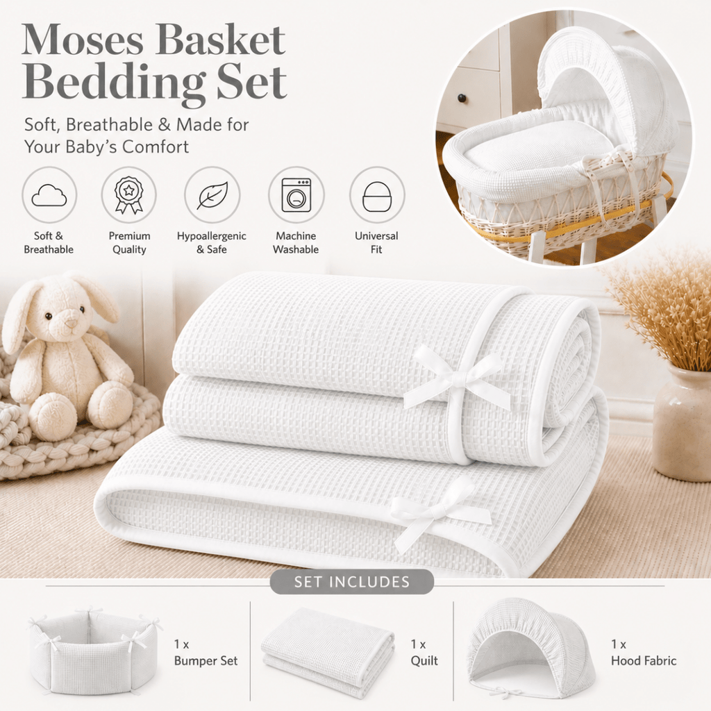 For Your Little One White Waffle Moses Basket Bedding Set with Liner