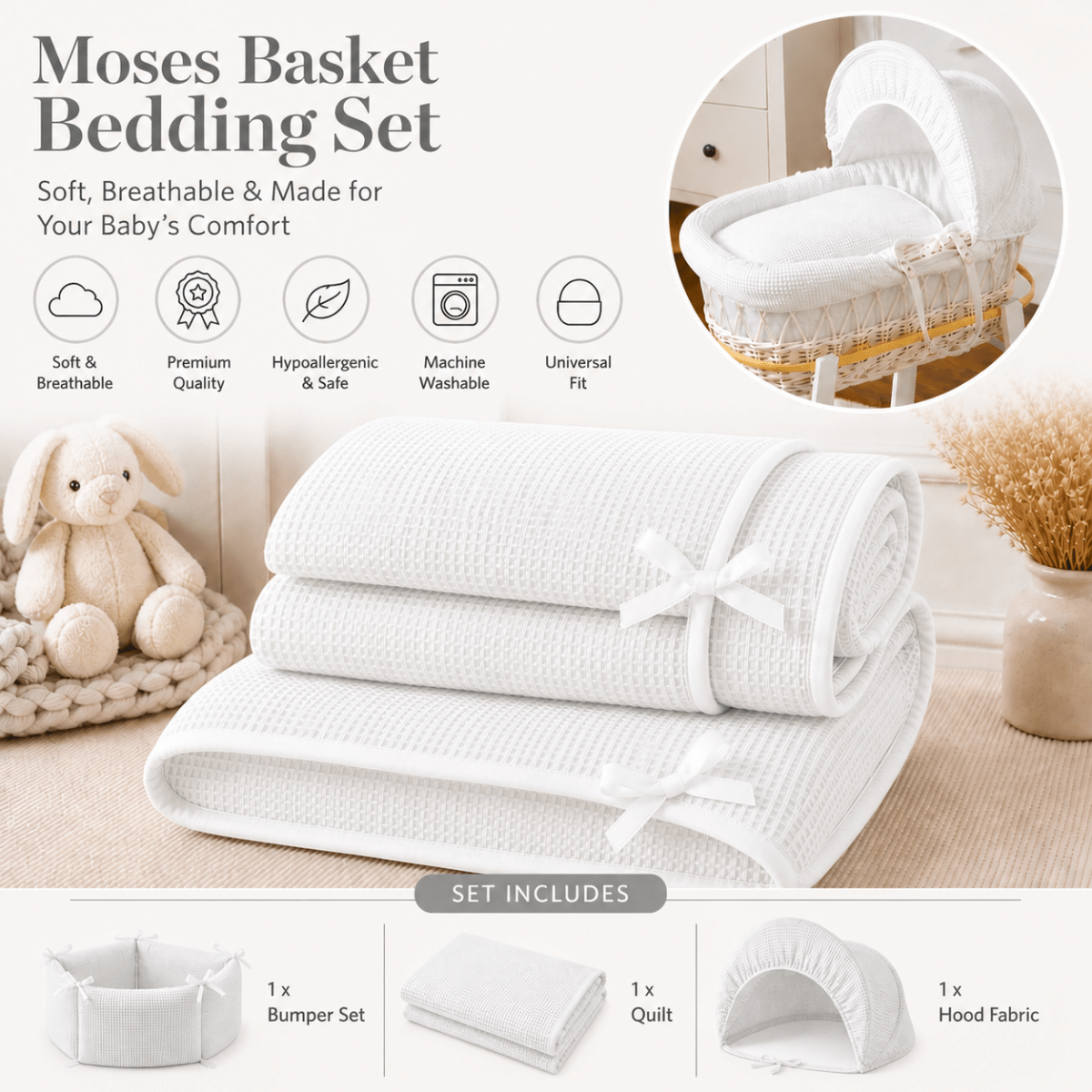 For Your Little One White Waffle Moses Basket Bedding Set with Liner