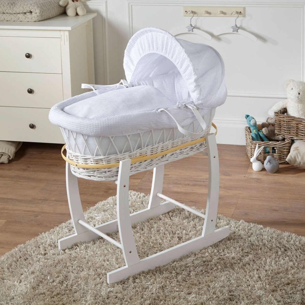 For Your Little One White Wicker Moses Basket with Stand & Waffle Bedding