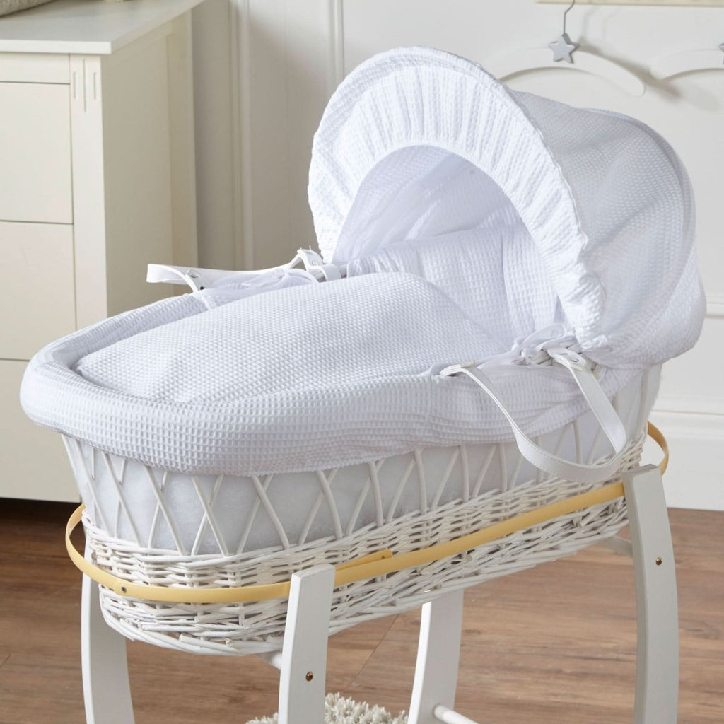 For Your Little One White Wicker Moses Basket with Stand & Waffle Bedding