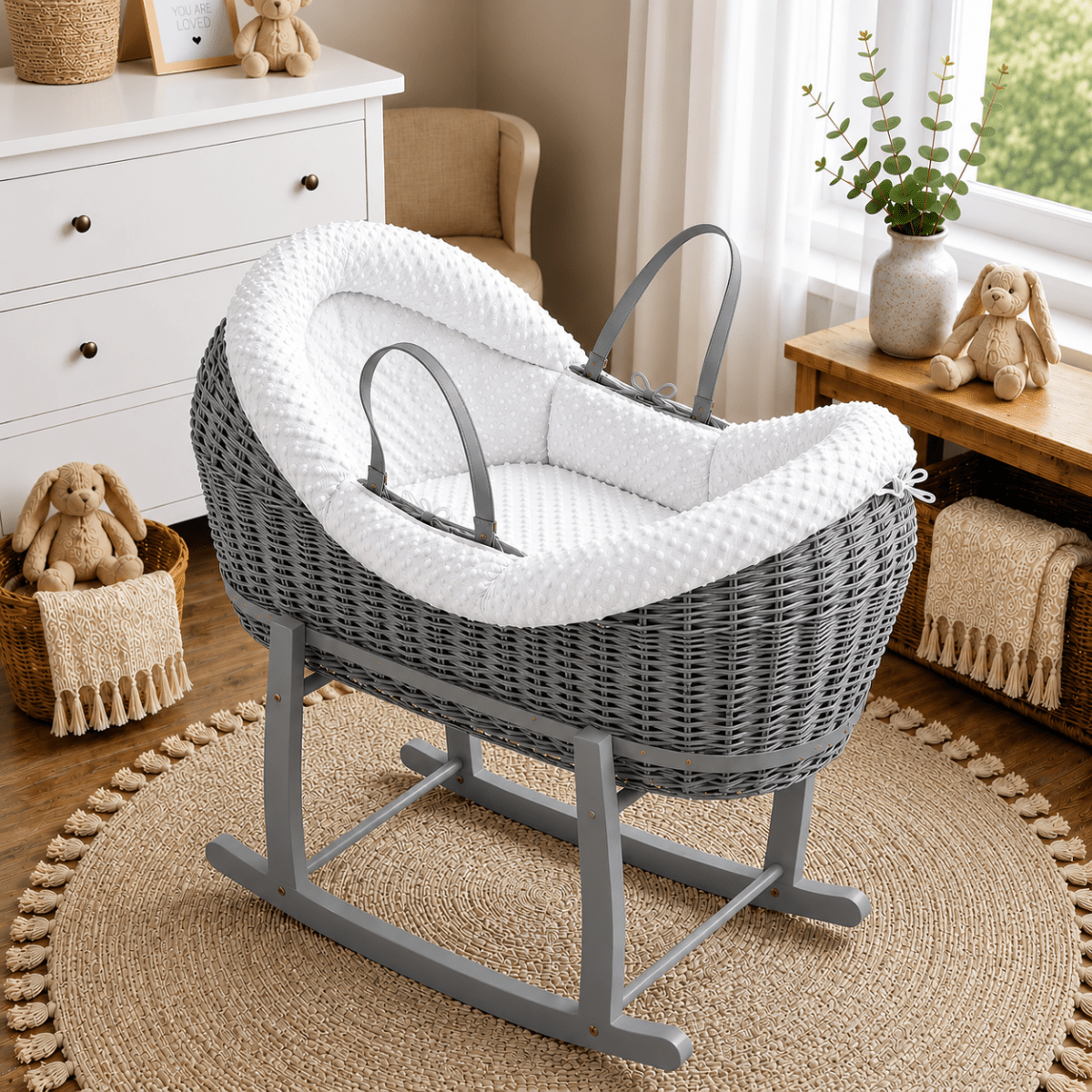 For Your Little One Wicker Deluxe Pod Moses Basket with Rocking Stand