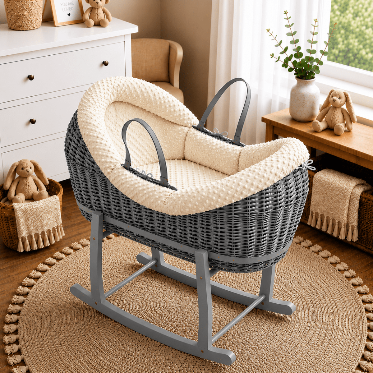 For Your Little One Wicker Deluxe Pod Moses Basket with Rocking Stand