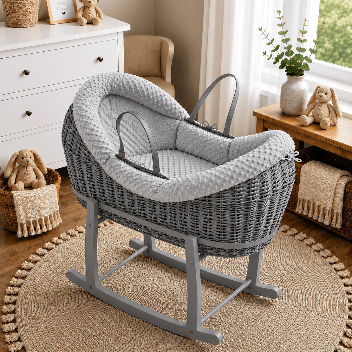 For Your Little One Wicker Deluxe Pod Moses Basket with Rocking Stand