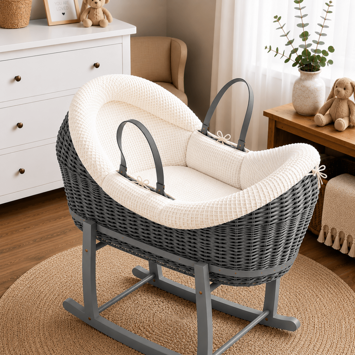 For Your Little One Wicker Deluxe Pod Moses Basket with Rocking Stand