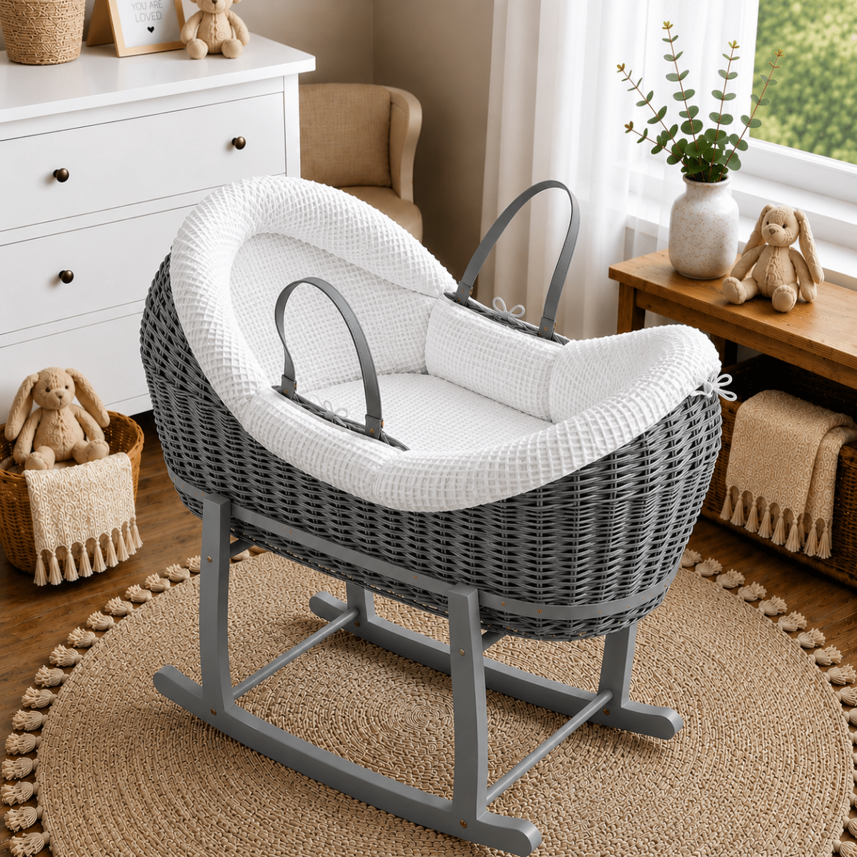 For Your Little One Wicker Deluxe Pod Moses Basket with Rocking Stand