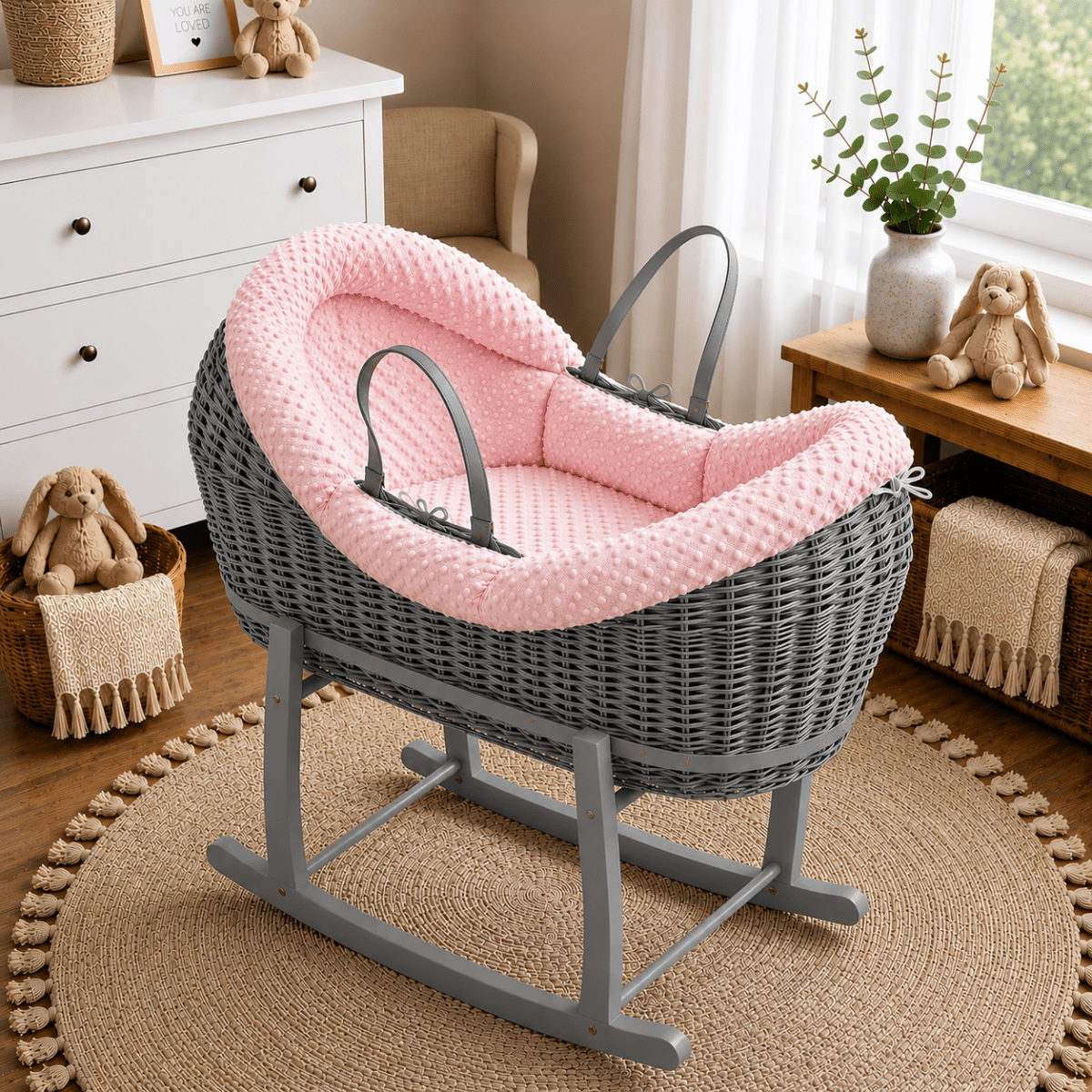 For Your Little One Wicker Deluxe Pod Moses Basket with Rocking Stand