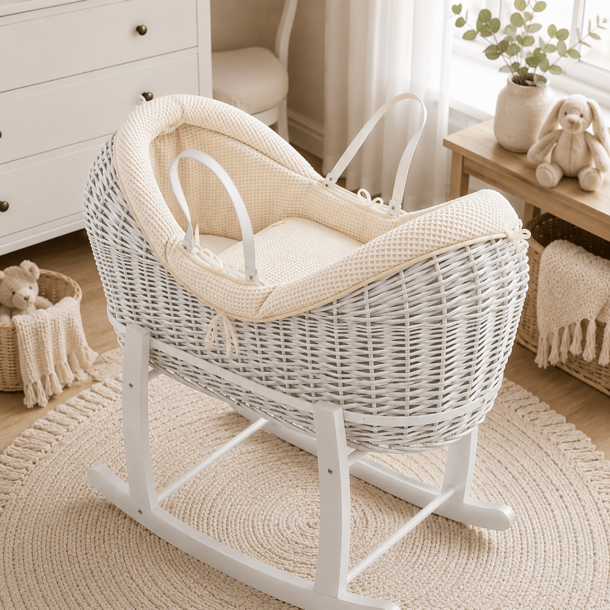 For Your Little One Wicker Deluxe Pod Moses Basket with Rocking Stand