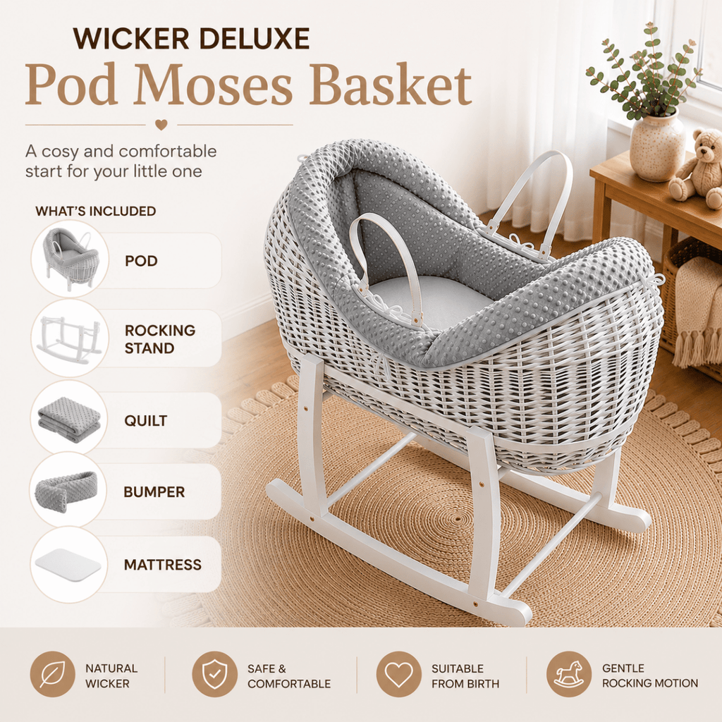 For Your Little One Wicker Deluxe Pod Moses Basket with Rocking Stand