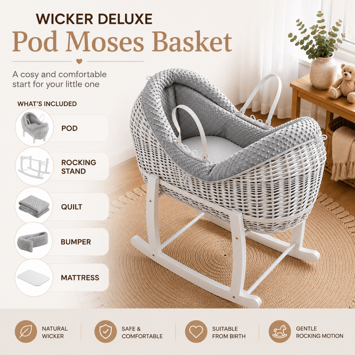 For Your Little One Wicker Deluxe Pod Moses Basket with Rocking Stand