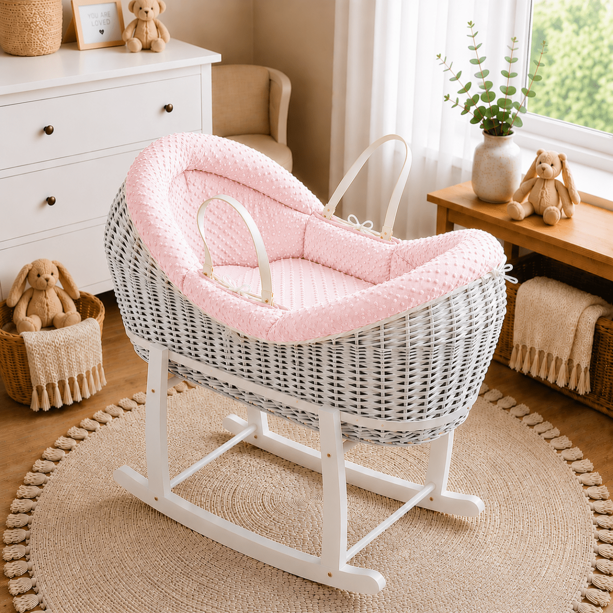 For Your Little One Wicker Deluxe Pod Moses Basket with Rocking Stand