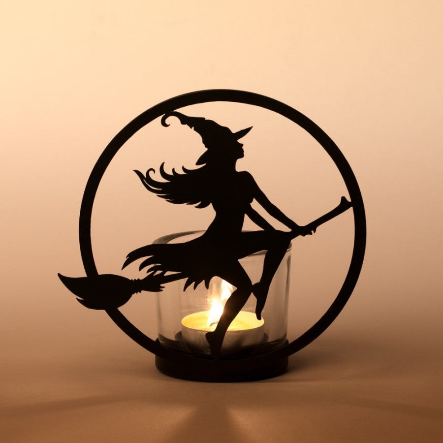 Alchemy Gothic Witch by Moonlight Tealight Holder - Black Iron & Glass