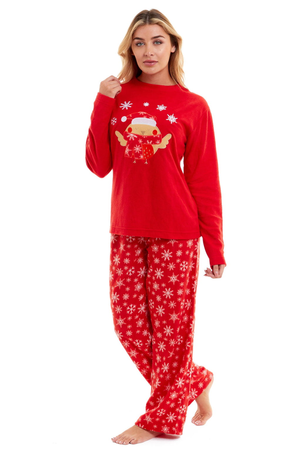 OLIVIA ROCCO Women's Polar Fleece Pyjama Set – Festive Robin Nightwear