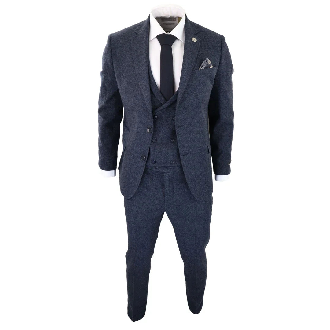 WS25 - Men's 3 Piece Tweed Suit Blue Double Breasted Waistcoat