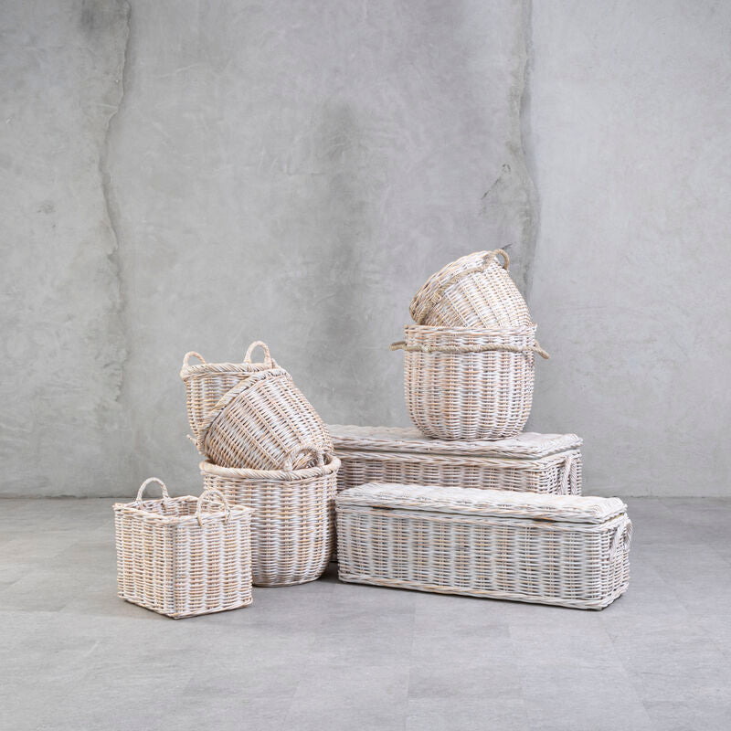 Orsina Argento Whitewash Rattan Storage Boxes with Hinged Lids - Set of 2
