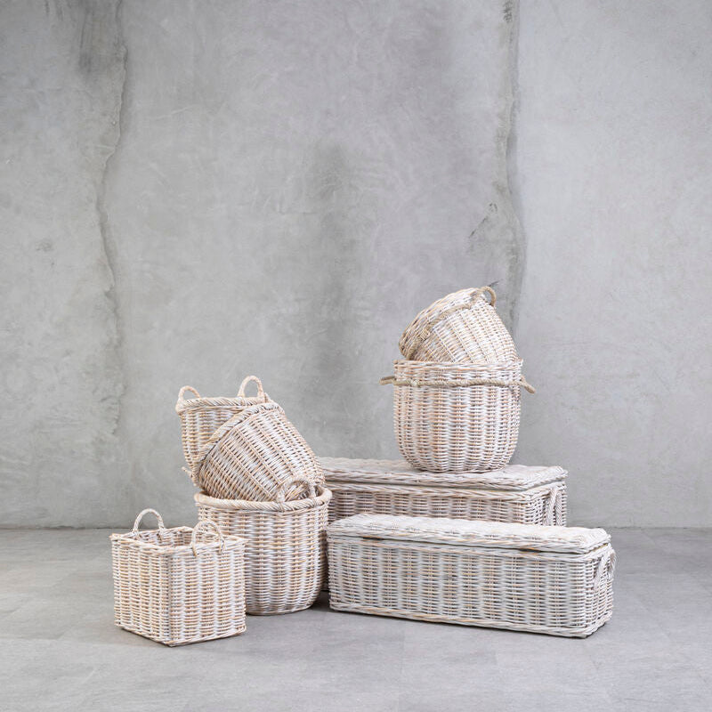 Orsina Argento Whitewash Rattan Storage Baskets | Handwoven Set of 2