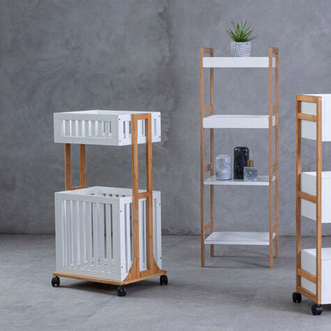 Orsina Nostra 2-Tier Storage Trolley – Bamboo & White Mobile Organizer