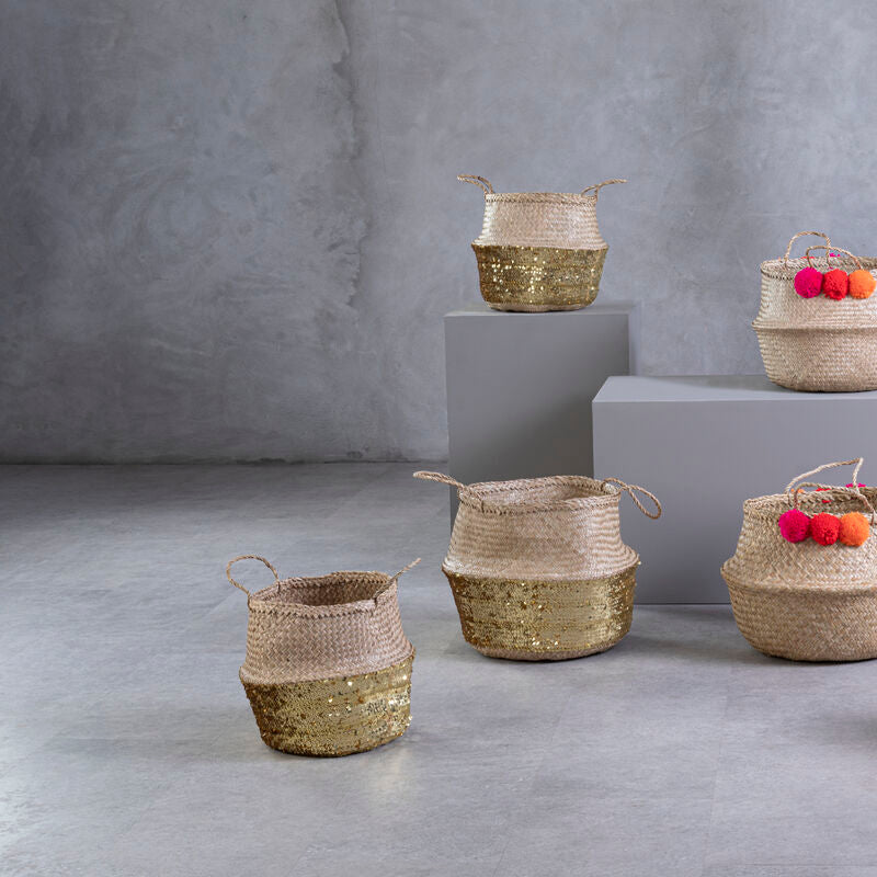 Orsina Gold Sequin Seagrass Basket – Medium Woven Storage Bin
