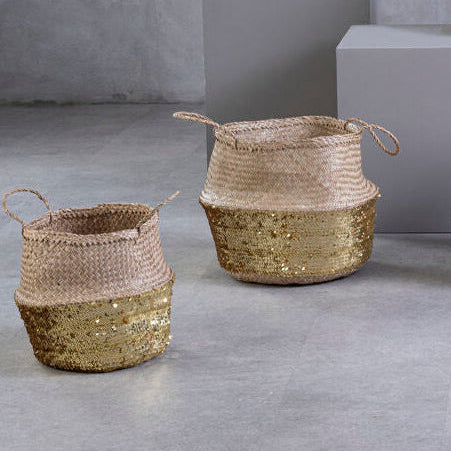 Orsina Small Seagrass Basket – Gold Sequin Decorative Desk Organizer