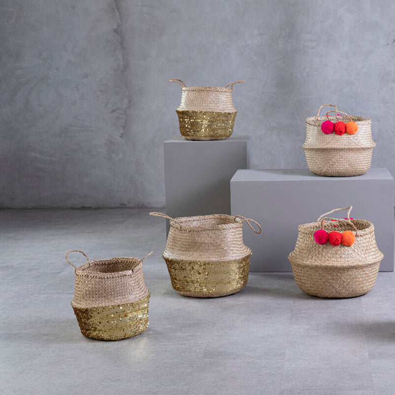 Orsina Large Seagrass Basket – Gold Sequin Decorative Storage Bin
