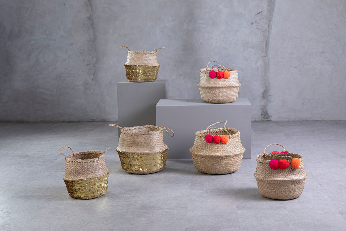 Orsina Small Seagrass Basket – Gold Sequin Decorative Desk Organizer