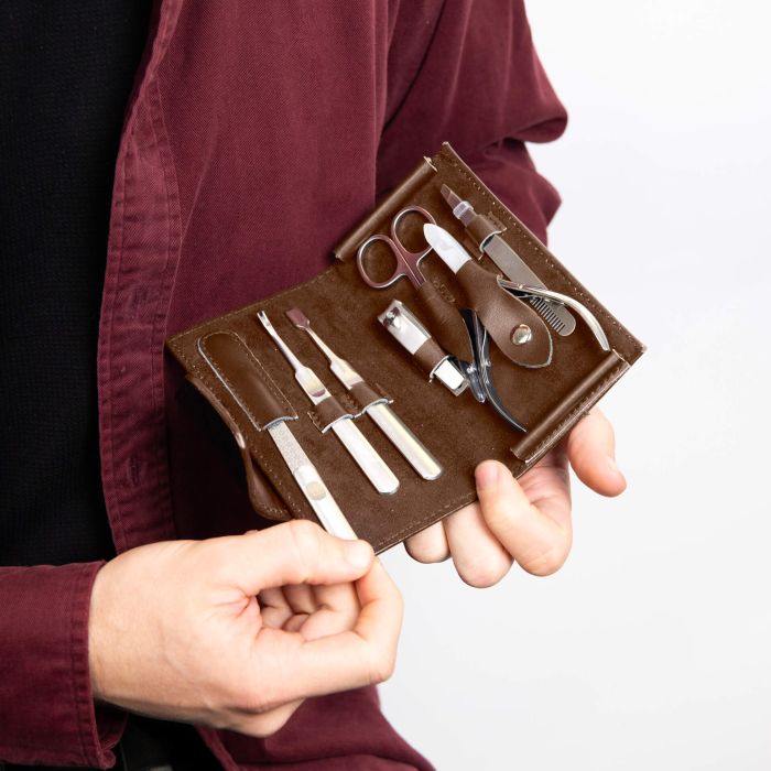 Gecko Jewellery Brown Leather & Stainless Steel Travel Manicure Set