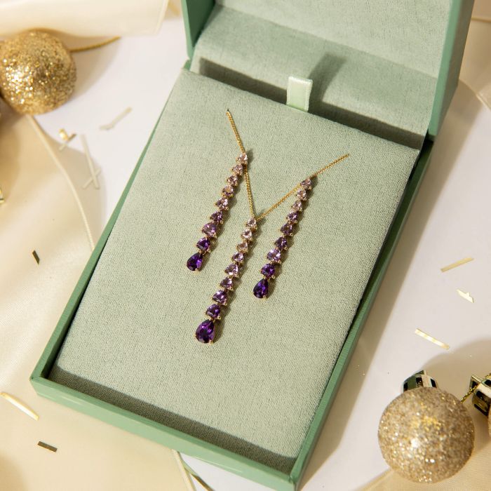 Gecko Jewellery 9ct Gold Amethyst Trillion and Pear Jewelry Set